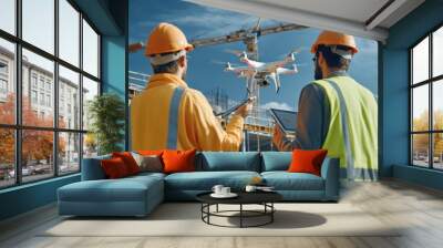 Engineers using drones to inspect the progress of a suspension bridge under construction advanced technology and holographic design tools Wall mural