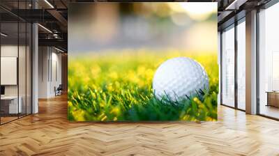 Golf ball close up on tee grass on blurred beautiful landscape of golf background. Concept international sport that rely on precision skills for health relaxation... Wall mural