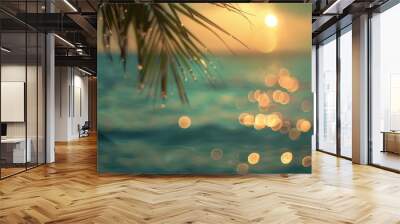 Hazy sea and sky meet in a twinkling bokeh of lights, as whispering palms evoke the relaxed mood of a summer vacation. Wall mural