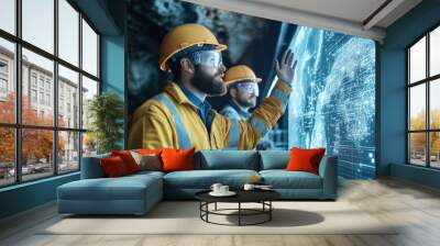 Miners looking at a giant in the mining tunnel digital screen in a futuristic mine blue neon Wall mural