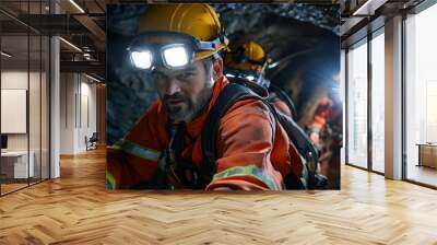 Miners wearing safety gear descending into a mine shaft. Wall mural