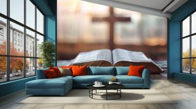 Opening book of Holy Bible with text on blurred cross Spirituality, Religion and Hope Concept. Holy Bible and Cross on Desk. Symbol of Humility, Supplication,Believe and Faith for Christian People. Wall mural