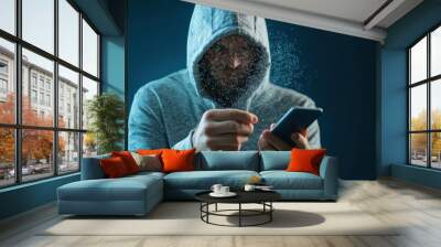 Phishing, online information breach or identity theft crime concept. Hacked phone. Hacker and cellphone with hologram data. laptop scam, fraud or crime. Cybersecurity infringement. cyber security Wall mural