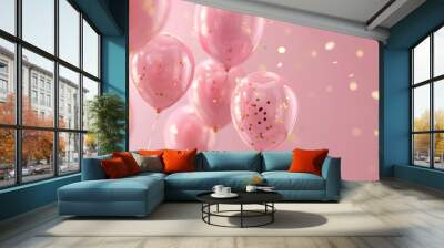 Pink balloons with gold confetti on a pink background. Wall mural