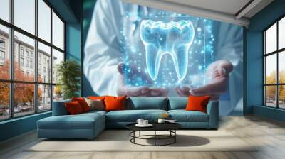 Professional doctor holding a holographic image dentist on background using digital x-ray of human tooth structure holographic scan projection 3D rendering Wall mural