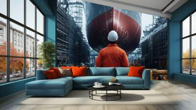 Ship engineer inspecting the hull of a large vessel in a shipyard, surrounded by scaffolding and heavy machinery Wall mural