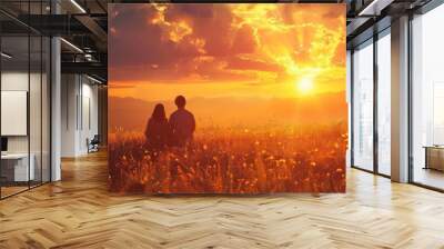 silhouetted against a vibrant sunset, a couple kneels in a vast field, their hands clasped in prayer, heads bowed in a moment of shared devotion and spiritual connection. Wall mural