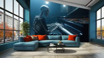 Skeleton playing a piano in a dimly lit room. Wall mural