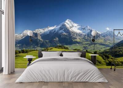 The breathtaking views of the Swiss Alps, with snow-capped peaks and rolling green meadows under a clear sky Wall mural