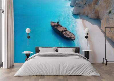 The dramatic cliffs and turquoise waters of Navagio Beach, Greece, with a shipwreck lying in the sand Wall mural