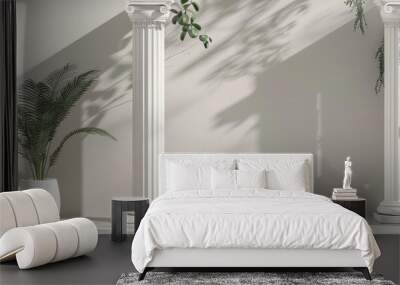 The image is a 3D rendering of a white classical interior with columns, plants, and a vase. Wall mural