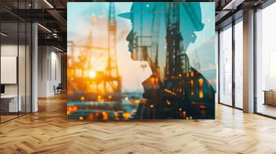 The image shows a double exposure of a man standing in front of an industrial landscape. The man is wearing a hard hat and safety glasses, and he is looking at the camera. The industrial landscape is Wall mural