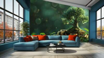 The image shows a tree growing on a pile of golden coins, representing the concept of sustainable finance. Wall mural