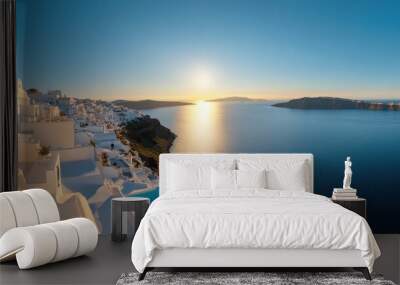 the panoramic view of Santorini white-washed buildings overlooking the deep blue Aegean Sea, Greece sunset Wall mural