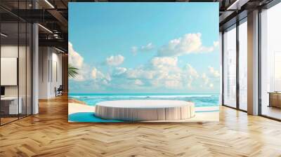 The photo shows a beautiful beach with white sand, blue water and green palm trees with a round podium in the center of the image. Wall mural