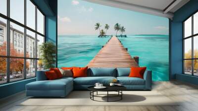 The photo shows a wooden dock extending out into a tropical ocean. On the horizon are two palm trees. The water is crystal clear and the sky is azure. Wall mural