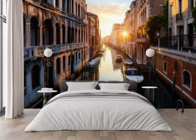 The picturesque canals and historic architecture of Venice, Italy, bathed in the soft light of dawn Wall mural