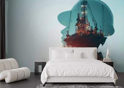 The silhouette of an oil worker with an oil rig in the background. Wall mural