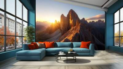 The stunning view of the Dolomites at day, with their peaks glowing in warm hues, Italy Wall mural