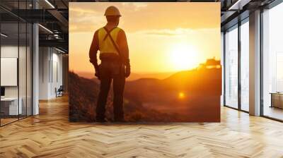 two A miner silhouette against the backdrop of an open mine. celebration sunset Wall mural