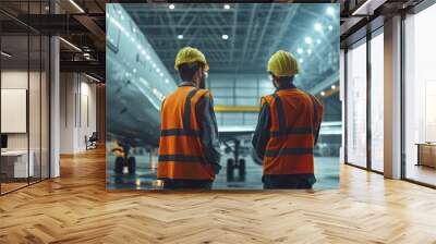 Two engineers in hard hats and safety vests inspect a large airplane in a hangar. Wall mural