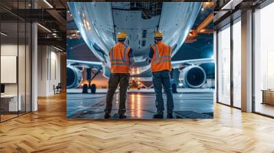 Two engineers in hard hats and safety vests inspect the undercarriage of a large passenger plane in a hangar. Wall mural