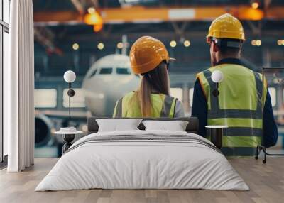 Two engineers in hard hats looking at an airplane in a hangar. Wall mural