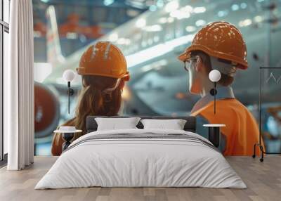 Two engineers in hard hats looking at an airplane in a hangar.	 Wall mural