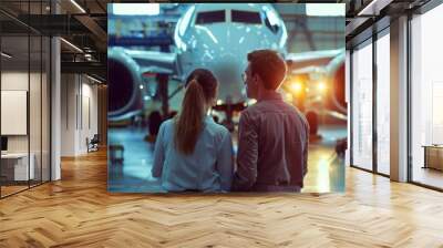 Two engineers in hard hats looking at an airplane in a hangar.	 Wall mural