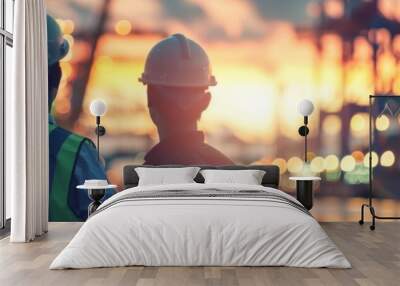 Two engineers in hard hats looking out at a busy shipping port at sunset. Wall mural