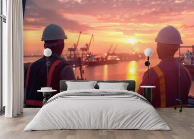 Two engineers in hard hats looking out at a busy shipping port at sunset.Water transportation industry, logistics, cruise ship production, transport ship production, fisheries Wall mural