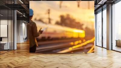 Two railroad workers inspect a passing train. Wall mural