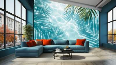 Water background palm leaf shadow on abstract white sand beach background, sun lights on water surface, beautiful abstract background concept banner for summer vacation at the beach blue aqua texture Wall mural