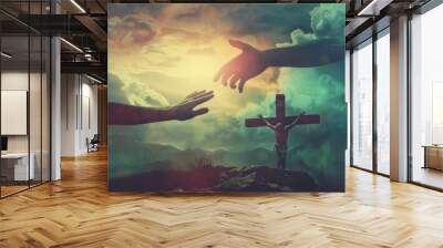 Woman's hand with cross. Concept of hope, faith, christianity, religion, church online. religion rendered ,and subtle reflections., Christian Religion concept inside church Wall mural