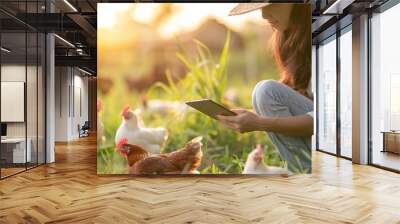 Young asian woman farmer checking her chicken farm with tablet in hand Wall mural