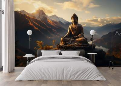 Buddha statue in the mountains at sunset. Wall mural