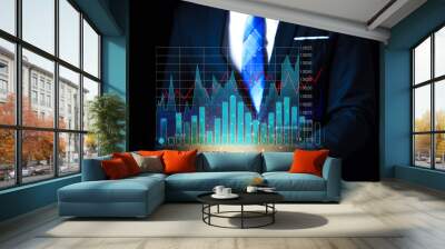 Businessman holding tablet analyzing the stock market, telecommunication technology network. Graph. Population. Analyzing network spectrum. Modern concept. Wall mural