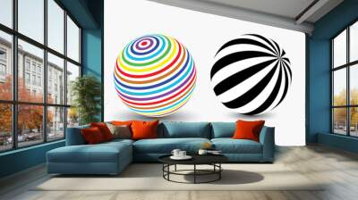 Striped balls 3D. Colorful and black and white, and in color. Vector spiral diagonal swirls sphere with optical illusion effect. Modern minimalist graphic design. Wall mural