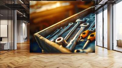 A close-up shot of wrenches and spanners neatly arranged in a toolbox, illuminated by warm sunlight in a workshop. Wall mural