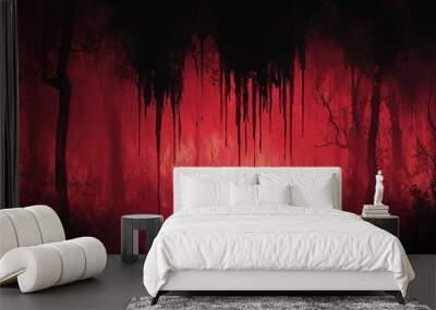 An eerie forest engulfed in red fog with dark, ominous drips hanging from the trees, creating a haunting, unsettling atmosphere. Wall mural