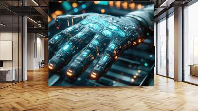 Close-up of a futuristic cybernetic hand featuring glowing blue and orange lights, highlighting advanced technology and intricate design in a high-tech environment. Wall mural