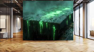 Glowing green slime drips from a charred wooden surface in a dark, misty environment, creating a mysterious and eerie mood. Wall mural