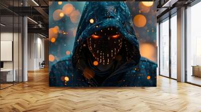 closeup of a person with blinking eyes and wearing a hoody on a cyber background concept of the cyber attacker or hacker Wall mural