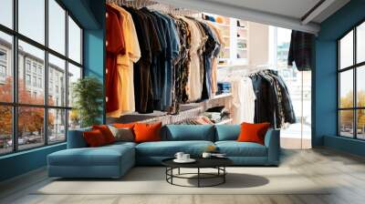 Any season, weve got you covered. Shot of an empty clothing boutique with the latest clothing selection. Wall mural