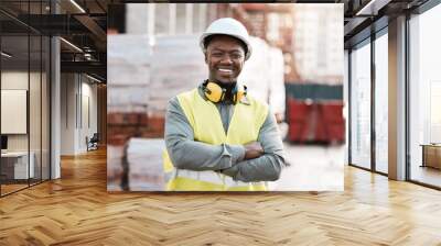 Black man, portrait smile and arms crossed for construction, project management or architecture in city. Happy African male person, engineer or architect smiling in confidence for industrial building Wall mural