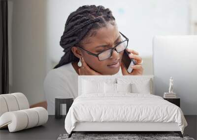 Phone call, office and businesswoman with neck pain, injury or accident in office while working. Cellphone, communication and African female employee with stress on mobile conversation in workplace. Wall mural