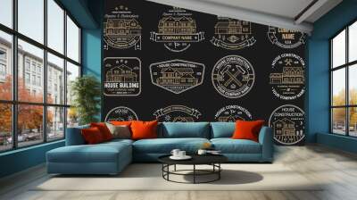 House construction company identity with suburban american house. Vector illustration. Thin line badge, sign for real estate, building and construction company related business. Wall mural