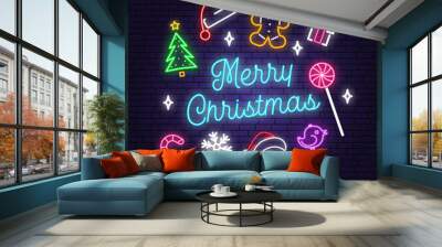 Merry Christmas and 2020 Happy New Year neon sign with christmas tree, gift, santa hat, bird. Vector. Neon design for xmas, new year emblem, bright signboard, light banner. Night signboard Wall mural