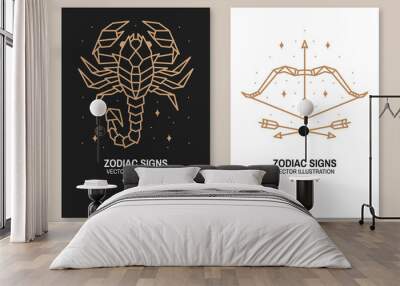 Set of Zodiac astrology horoscope signs scorpio and sagittarius flyer, brochure, banner, poster. Vector illustration. Elegant line art symbol or icon of scorpio, sagittarius esoteric zodiacal Wall mural