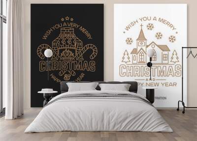 Wish you a very Merry Christmas and Happy New Year Flyer, brochure, banner, poster line art typography design with fireplace, Christmas socks, christmas candy, Catholic Church. Vector. Line art design Wall mural